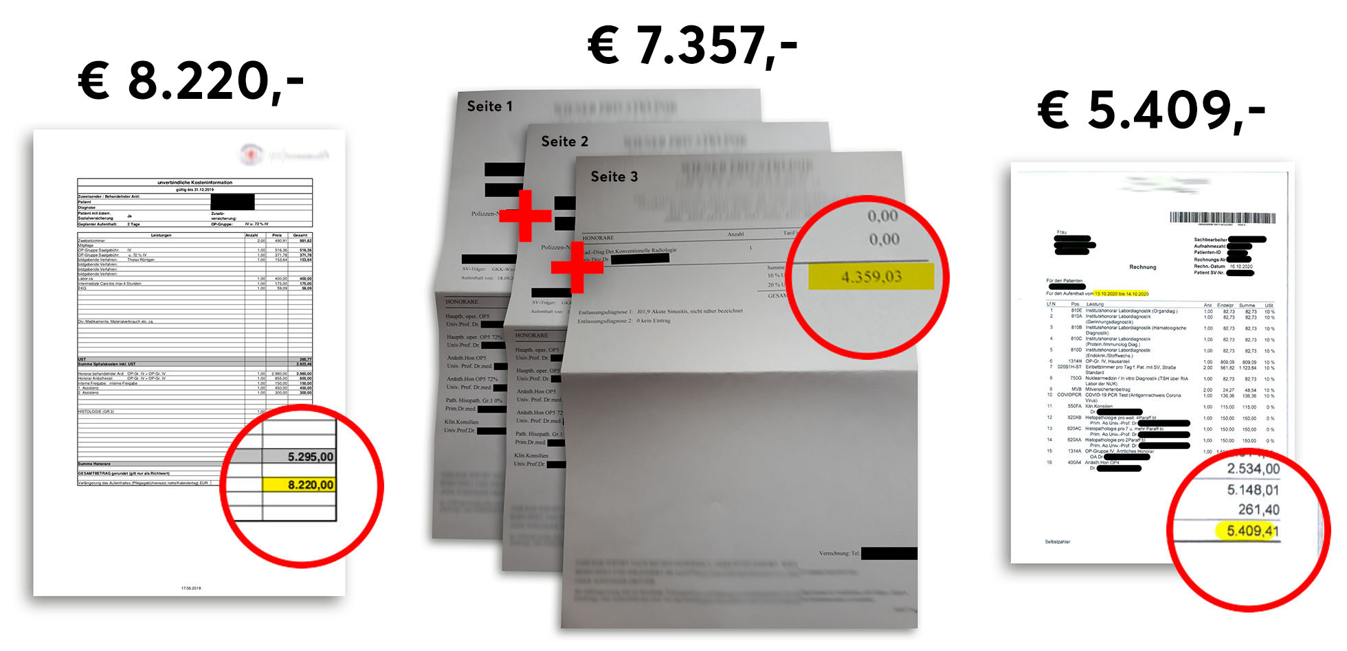 Privatspital Rechnungen von €5.409 bis €8.220 — Praxisbeispiele Sonderklasse-Versicherung